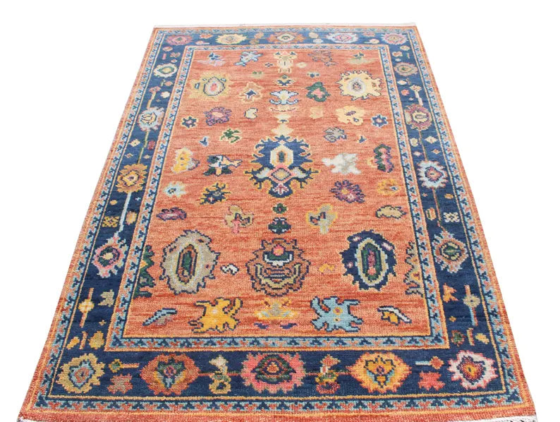 Hand Knotted Oushak Rug Orange Blue Turkish Wool Area Rug