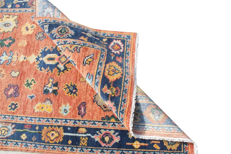 Hand Knotted Oushak Rug Orange Blue Turkish Wool Area Rug