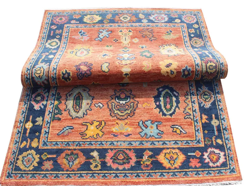 Hand Knotted Oushak Rug Orange Blue Turkish Wool Area Rug