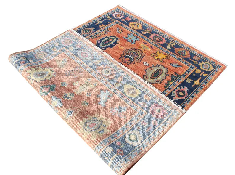 Hand Knotted Oushak Rug Orange Blue Turkish Wool Area Rug