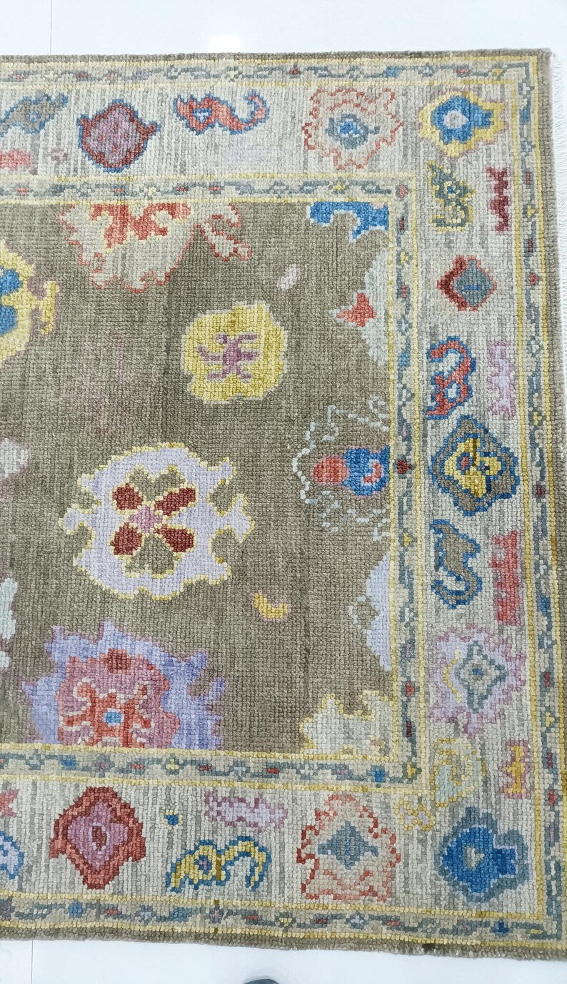 Hand Knotted Oushak Rug olive green Turkish Wool Area Rug