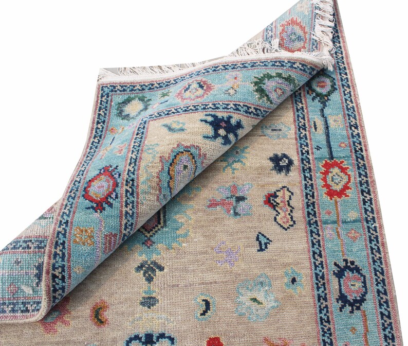 Hand-Knotted Oushak Wool Rug, Beige & Light Blue for living room, bedroom and dining area