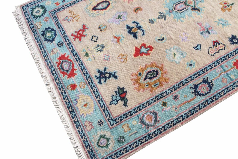 Hand-Knotted Oushak Wool Rug, Beige & Light Blue for living room, bedroom and dining area