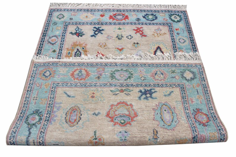 Hand-Knotted Oushak Wool Rug, Beige & Light Blue for living room, bedroom and dining area