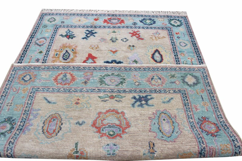 Hand-Knotted Oushak Wool Rug, Beige & Light Blue for living room, bedroom and dining area