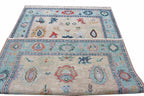 Hand-Knotted Oushak Wool Rug, Beige & Light Blue for living room, bedroom and dining area