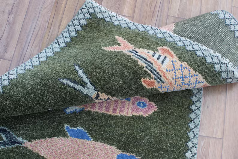 Hand-Knotted Wool Koi Fish Runner – Green Artisan Fish Rug – Custom Sizes Available