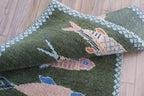 Hand-Knotted Wool Koi Fish Runner – Green Artisan Fish Rug – Custom Sizes Available