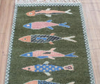 Hand-Knotted Wool Koi Fish Runner – Green Artisan Fish Rug – Custom Sizes Available
