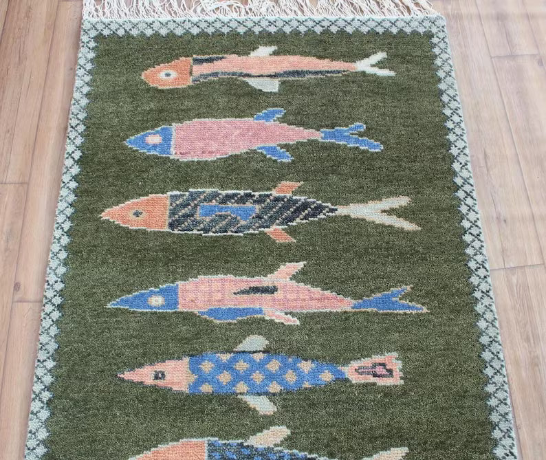 Hand-Knotted Wool Koi Fish Runner – Green Artisan Fish Rug – Custom Sizes Available