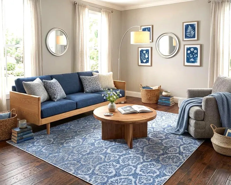 5X8 Hand Tufted Denim Blue Wool Rug, Floral Damask Design