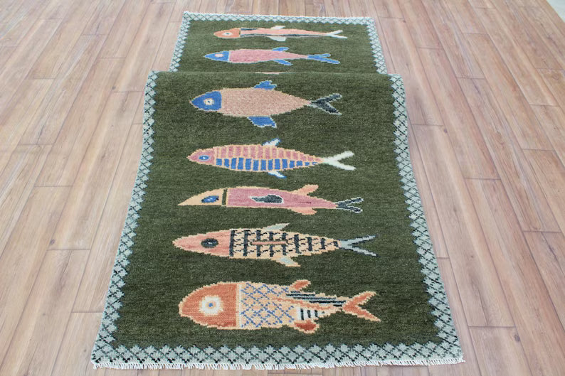 Hand-Knotted Wool Koi Fish Runner – Green Artisan Fish Rug – Custom Sizes Available