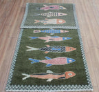 Hand-Knotted Wool Koi Fish Runner – Green Artisan Fish Rug – Custom Sizes Available