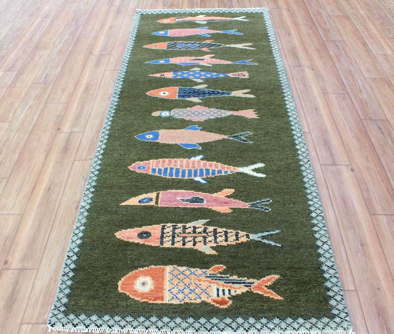 Hand-Knotted Wool Koi Fish Runner – Green Artisan Fish Rug – Custom Sizes Available
