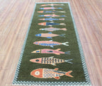 Hand-Knotted Wool Koi Fish Runner – Green Artisan Fish Rug – Custom Sizes Available