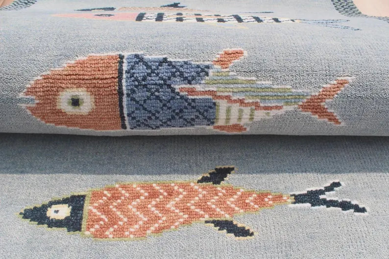 Hand-Knotted Wool Koi Fish Runner – Sage Blue Artisan Fish Rug – Custom Sizes Available
