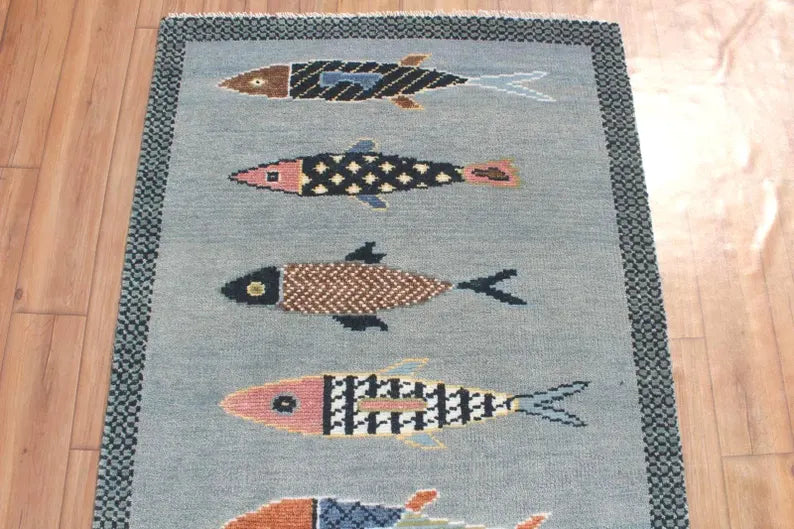 Hand-Knotted Wool Koi Fish Runner – Sage Blue Artisan Fish Rug – Custom Sizes Available