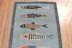 Hand-Knotted Wool Koi Fish Runner – Sage Blue Artisan Fish Rug – Custom Sizes Available