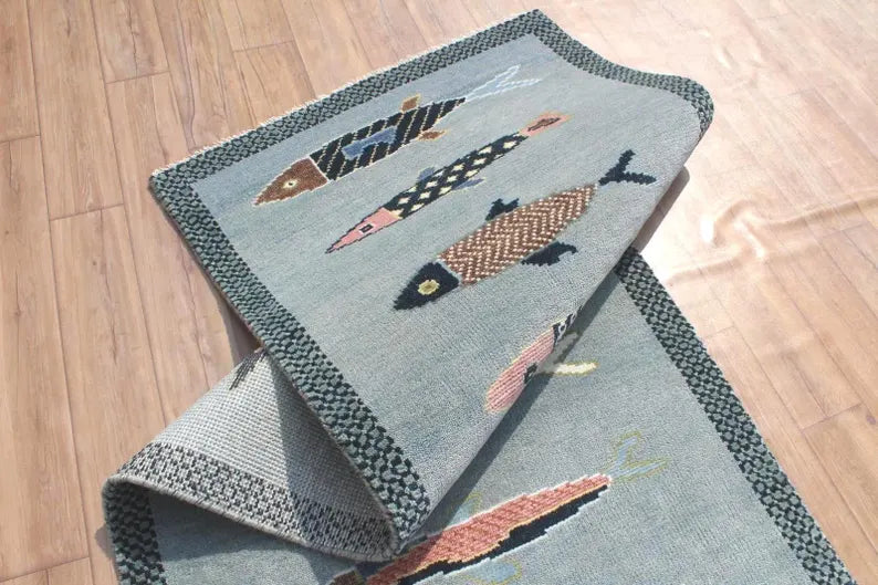 Hand-Knotted Wool Koi Fish Runner – Sage Blue Artisan Fish Rug – Custom Sizes Available