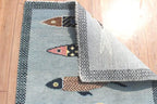 Hand-Knotted Wool Koi Fish Runner – Sage Blue Artisan Fish Rug – Custom Sizes Available