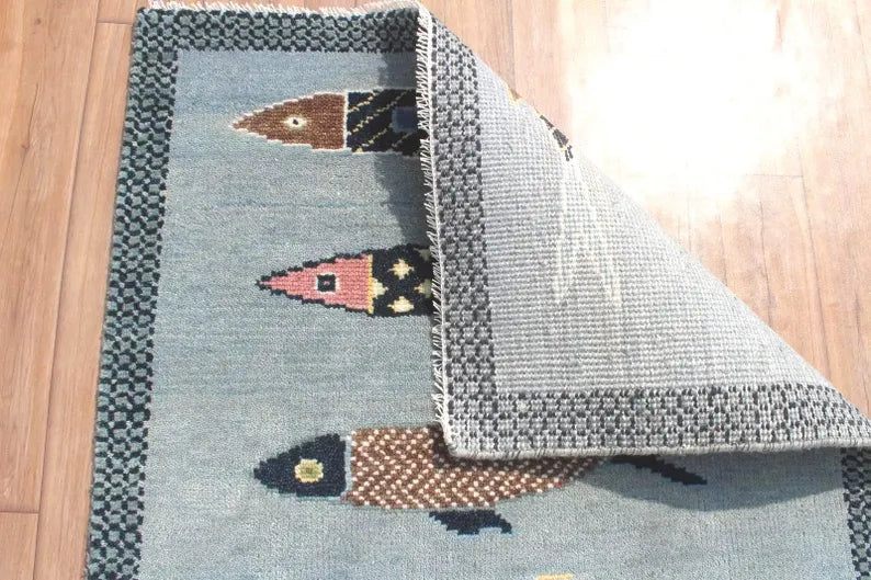 Hand-Knotted Wool Koi Fish Runner – Sage Blue Artisan Fish Rug – Custom Sizes Available