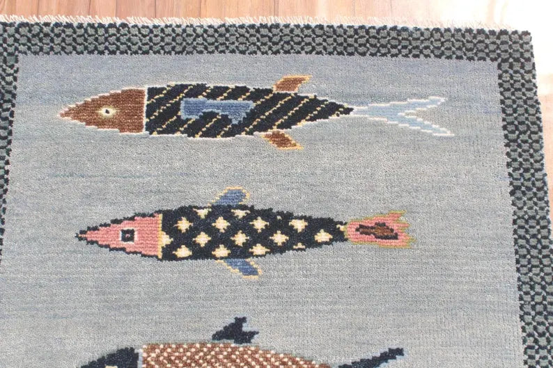 Hand-Knotted Wool Koi Fish Runner – Sage Blue Artisan Fish Rug – Custom Sizes Available