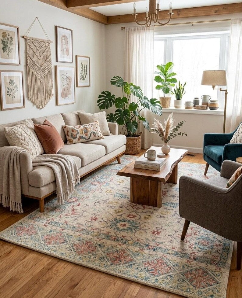 Hand Tufted Ivory Blue Wool Rug, Floral Looped Pile, Minimalist Design