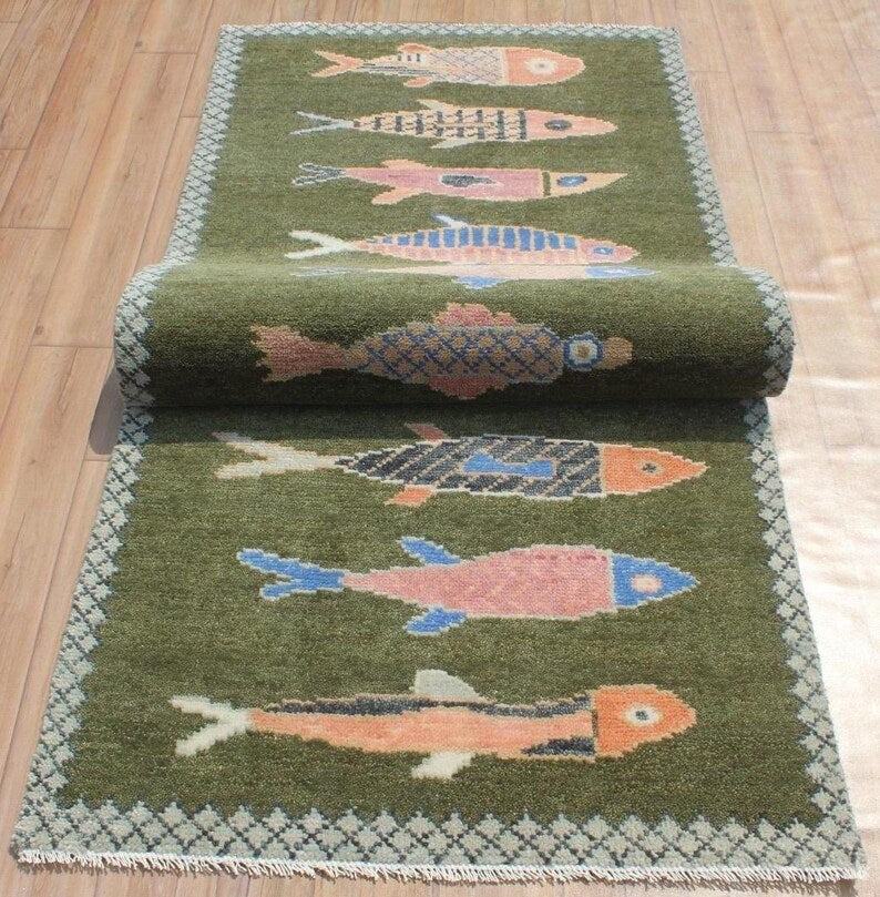 Hand-Knotted Wool Koi Fish Runner – Green Artisan Fish Rug – Custom Sizes Available