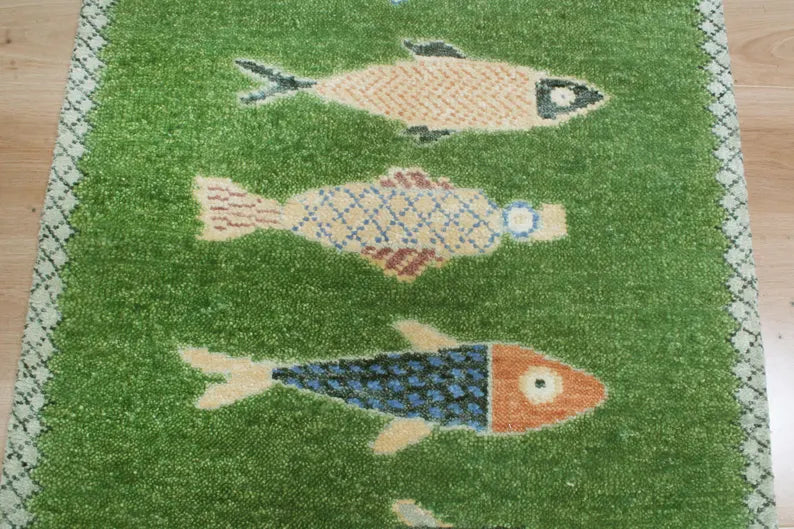 Hand-Knotted Wool Koi Fish Runner – Moss Green Artisan Fish Rug – Custom Sizes Available
