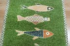 Hand-Knotted Wool Koi Fish Runner – Moss Green Artisan Fish Rug – Custom Sizes Available