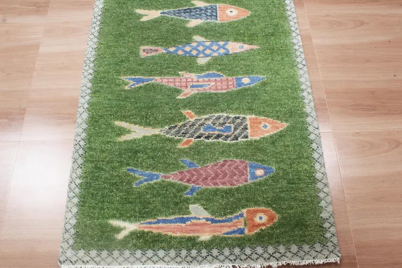 Hand-Knotted Wool Koi Fish Runner – Moss Green Artisan Fish Rug – Custom Sizes Available