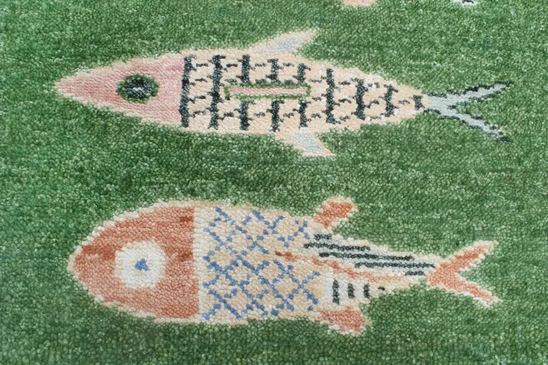 Hand-Knotted Wool Koi Fish Runner – Moss Green Artisan Fish Rug – Custom Sizes Available