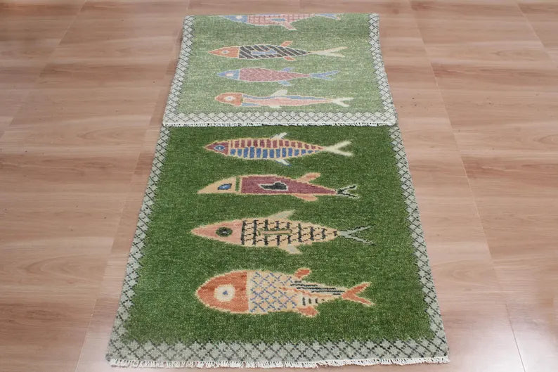 Hand-Knotted Wool Koi Fish Runner – Moss Green Artisan Fish Rug – Custom Sizes Available