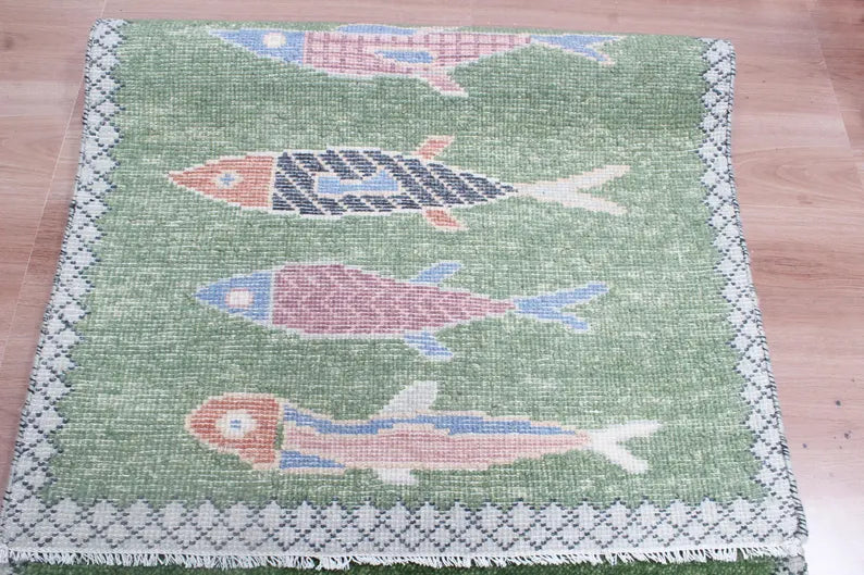 Hand-Knotted Wool Koi Fish Runner – Moss Green Artisan Fish Rug – Custom Sizes Available
