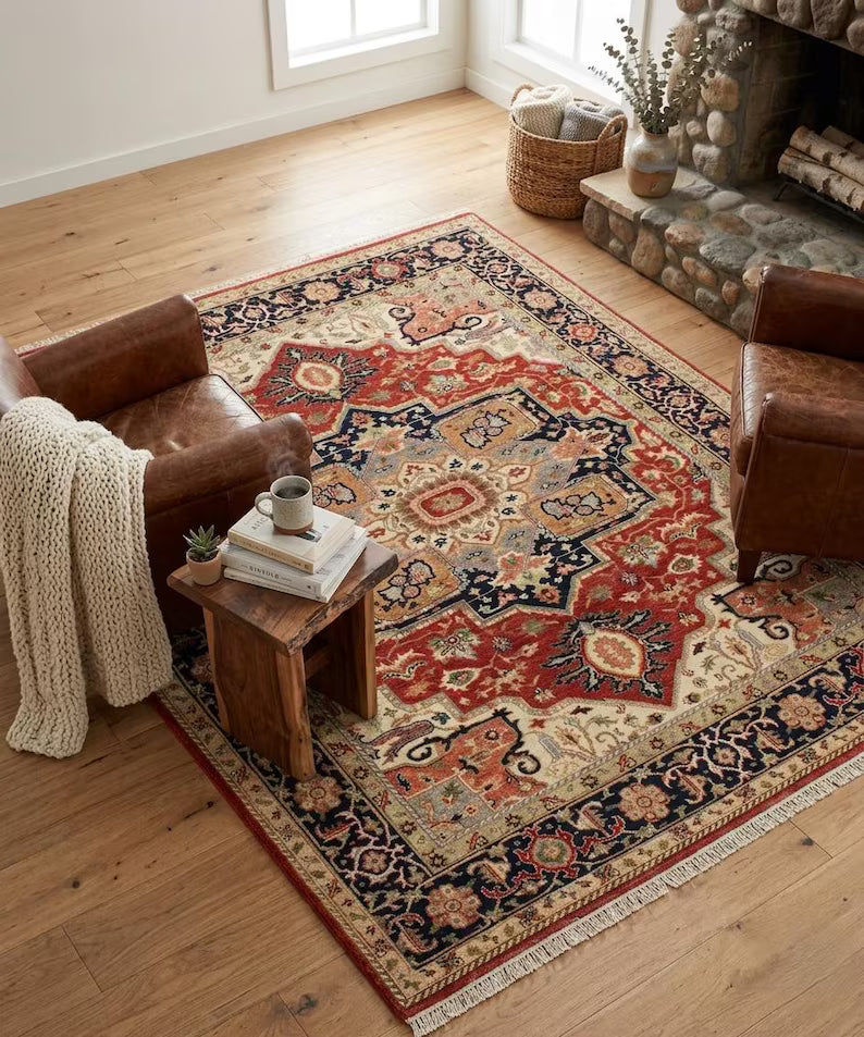 Hand Knotted Wool Heriz Serapi Rug - Red Navy Blue Traditional Persian Area Rug
