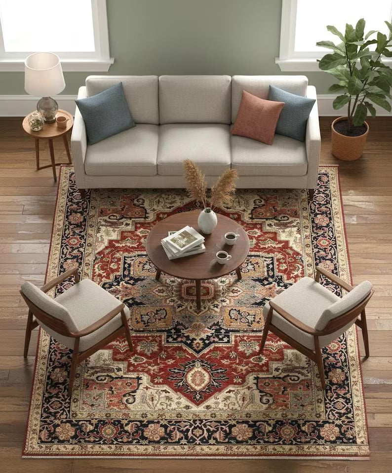 Hand Knotted Wool Heriz Serapi Rug - Red Navy Blue Traditional Persian Area Rug