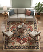 Hand Knotted Wool Heriz Serapi Rug - Red Navy Blue Traditional Persian Area Rug