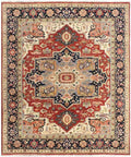 Hand Knotted Wool Heriz Serapi Rug - Red Navy Blue Traditional Persian Area Rug
