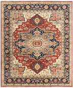 Hand Knotted Wool Heriz Serapi Rug - Red Navy Blue Traditional Persian Area Rug