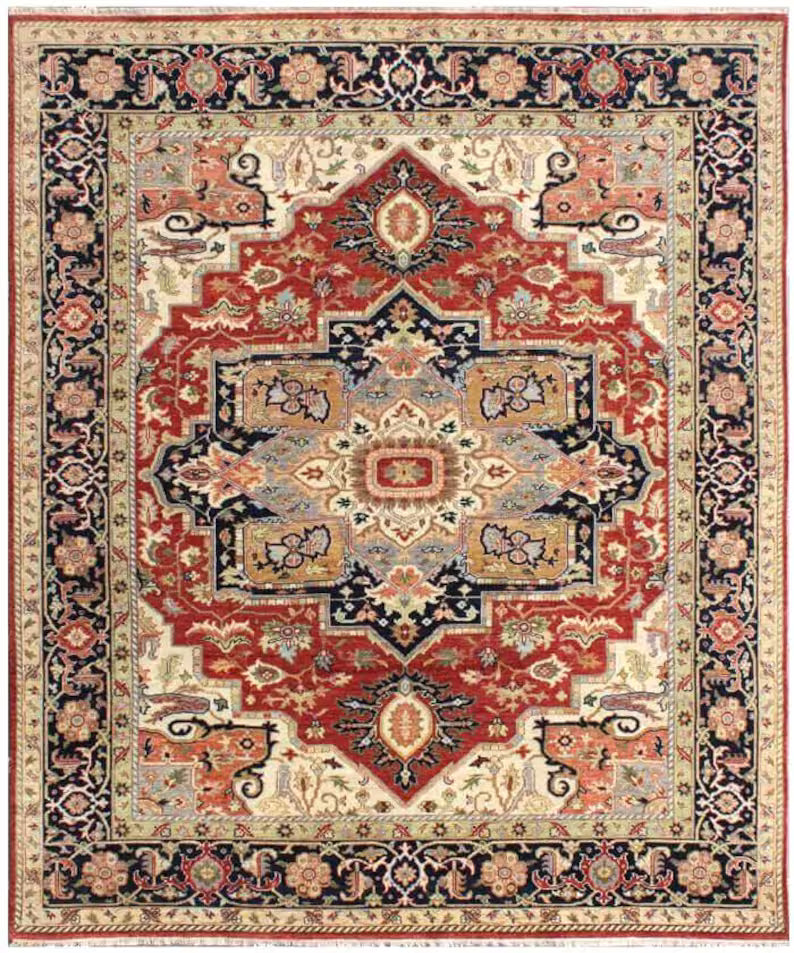 Hand Knotted Wool Heriz Serapi Rug - Red Navy Blue Traditional Persian Area Rug