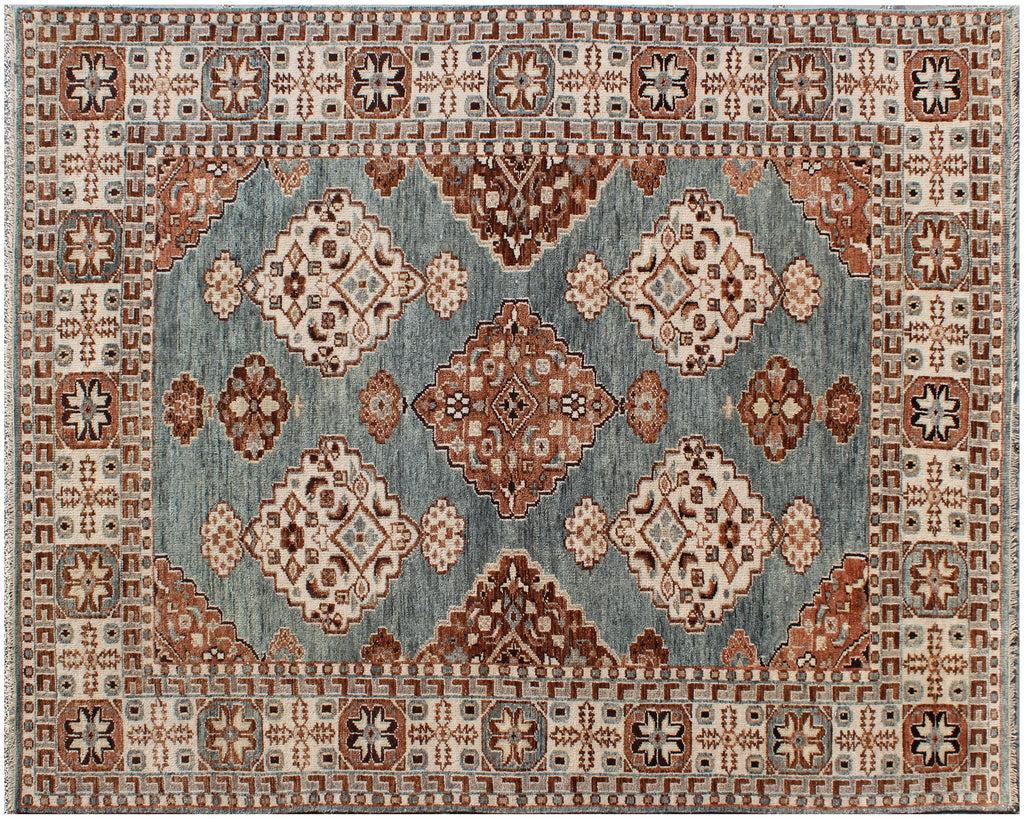 6x9 Blue & Terracotta Traditional Hand-Knotted Wool Rug