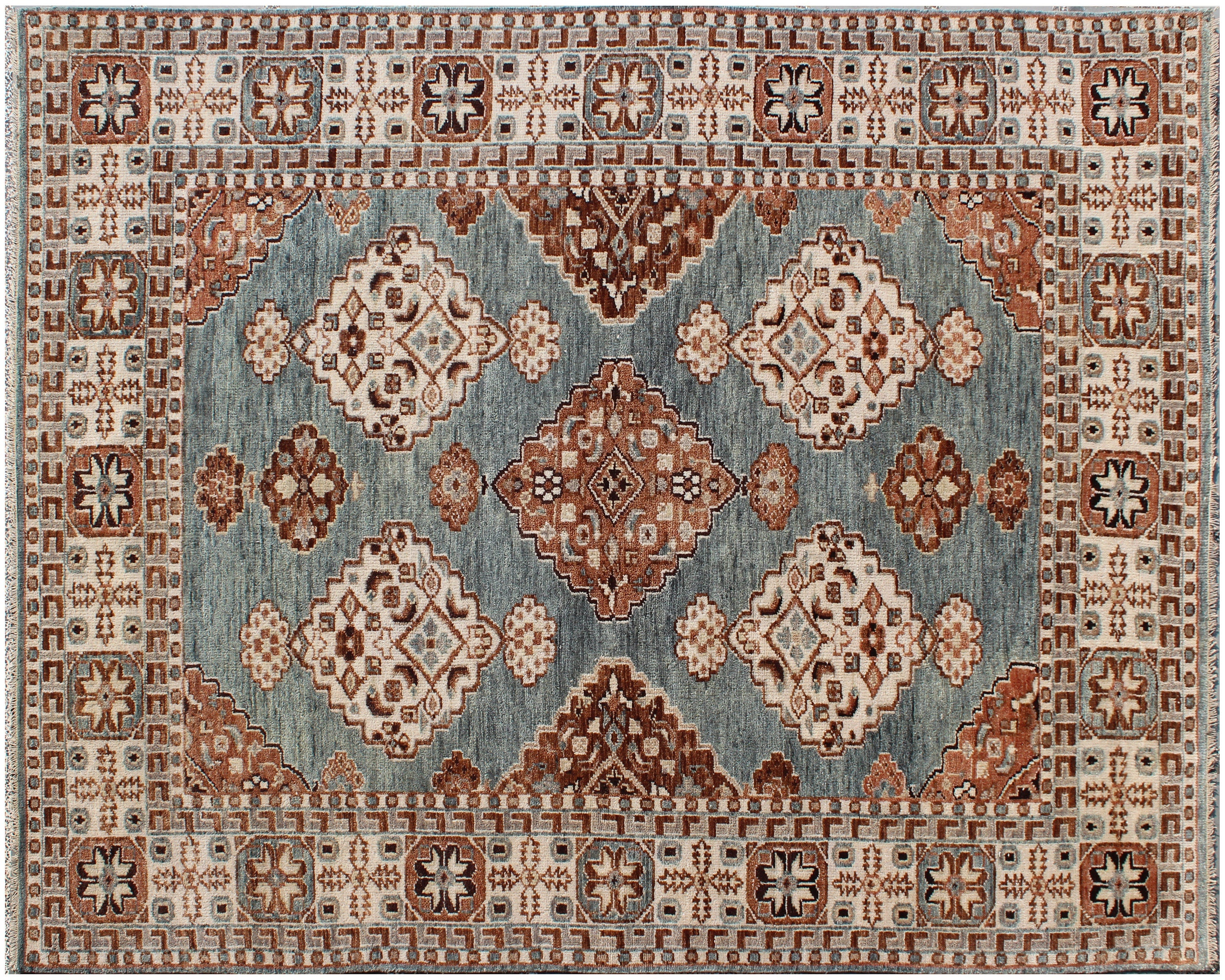 6x9 Blue & Terracotta Traditional Hand-Knotted Wool Rug