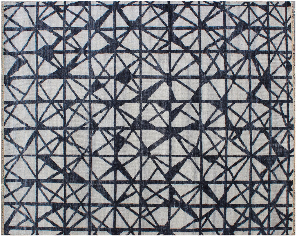 Hand Knotted Wool Blend Rug, Gray Charcoal Geometric Pattern, 8x10