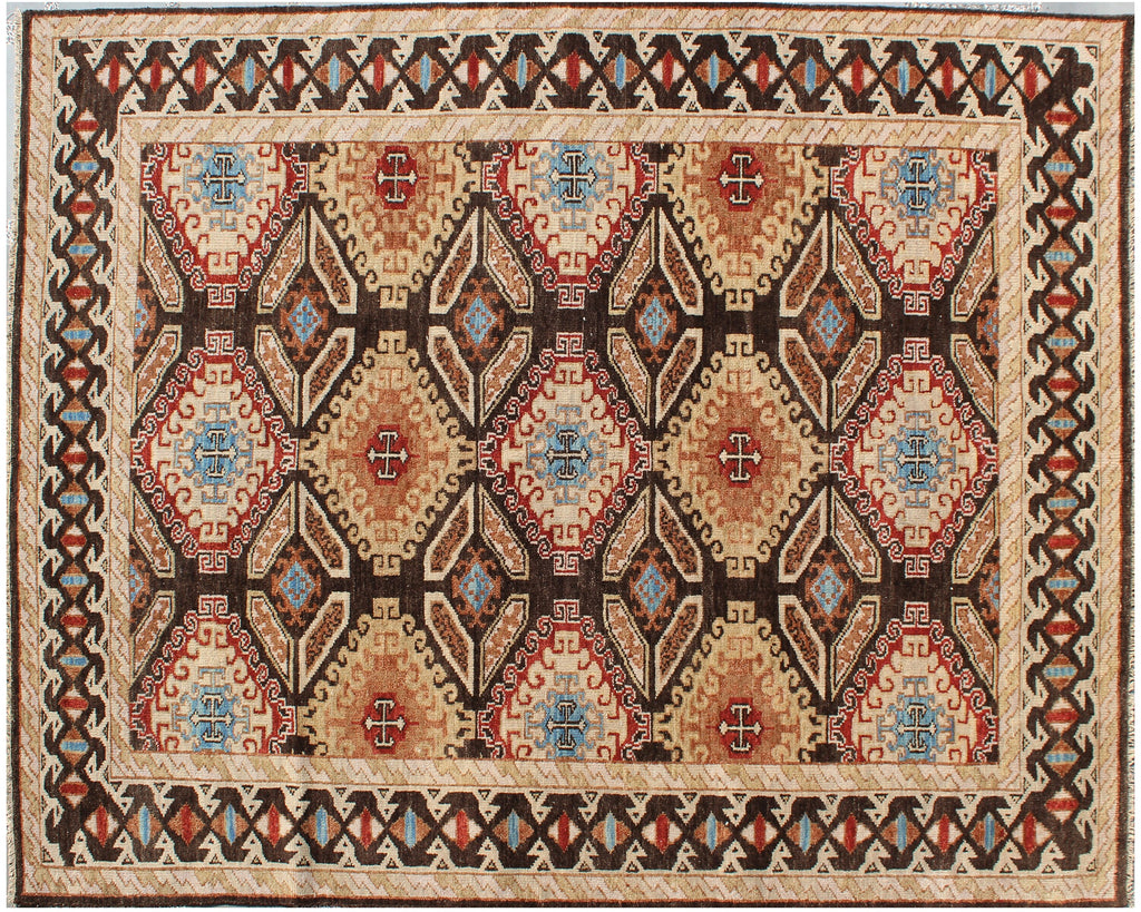 Hand Knotted Wool Rug, Multi Brown Santa Fe Pattern, 8x10 9x12