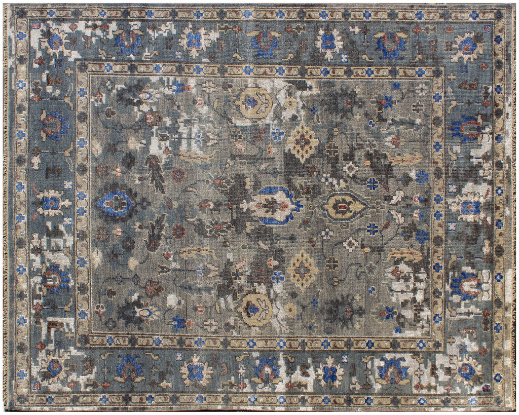 Hand Knotted 8x10 Wool and Bamboo Silk Rug, Gray Blue Transitional Design