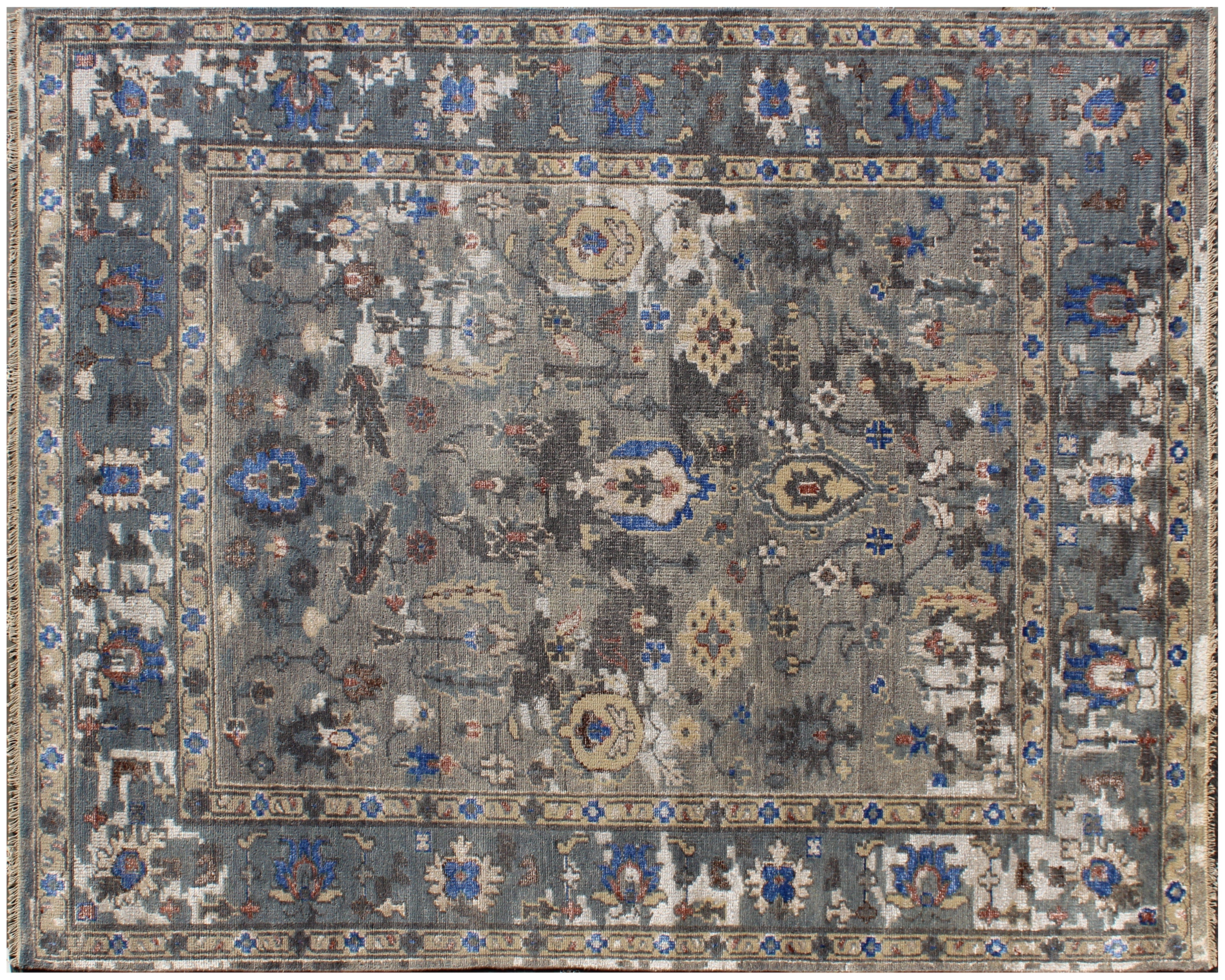 Hand Knotted 8x10 Wool and Bamboo Silk Rug, Gray Blue Transitional Design