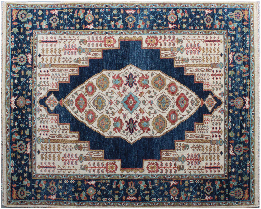 8x10 ft Hand-Knotted Blue & Cream Transitional Medallion Wool Rug
