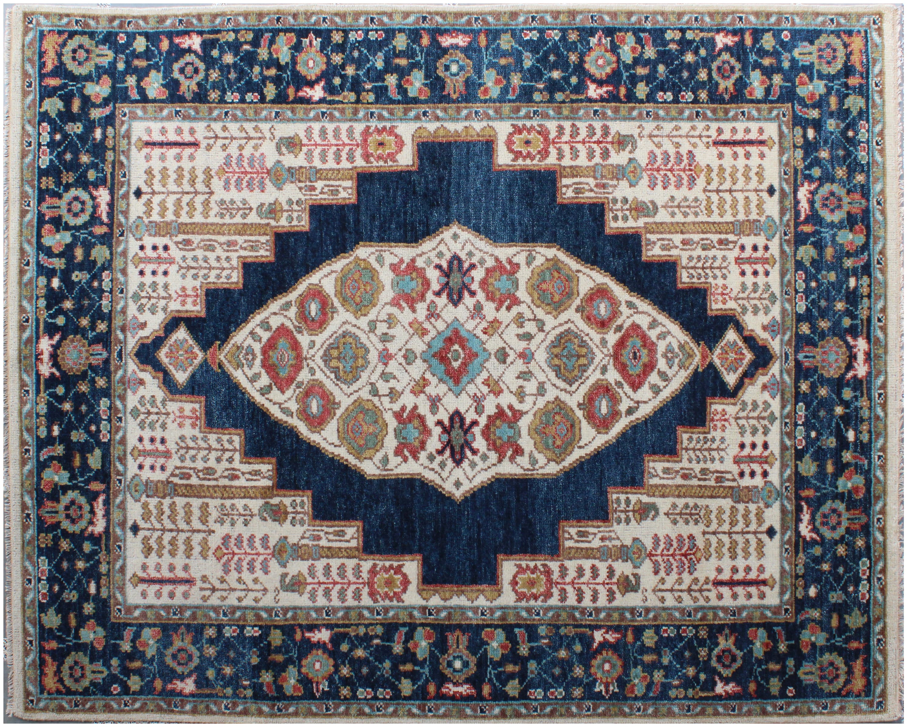 8x10 ft Hand-Knotted Blue & Cream Transitional Medallion Wool Rug