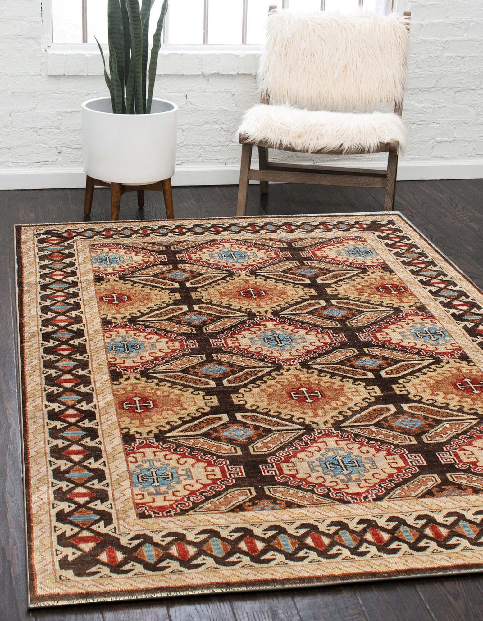 Hand Knotted Wool Rug, Multi Brown Santa Fe Pattern, 8x10 9x12