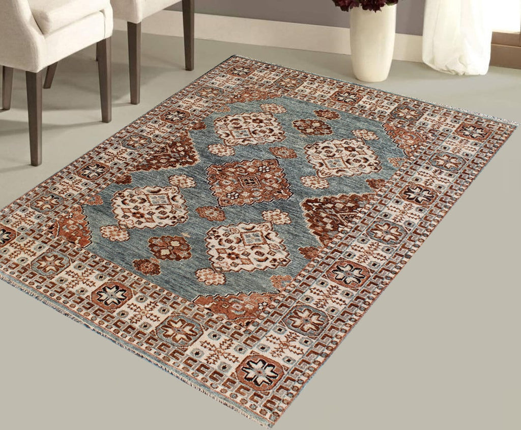 6x9 Blue & Terracotta Traditional Hand-Knotted Wool Rug